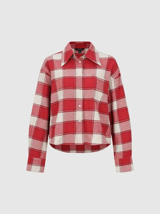 Single Chest Pocket Checked Button-Down Shirt Collar Long Sleeve Cotton Shirt