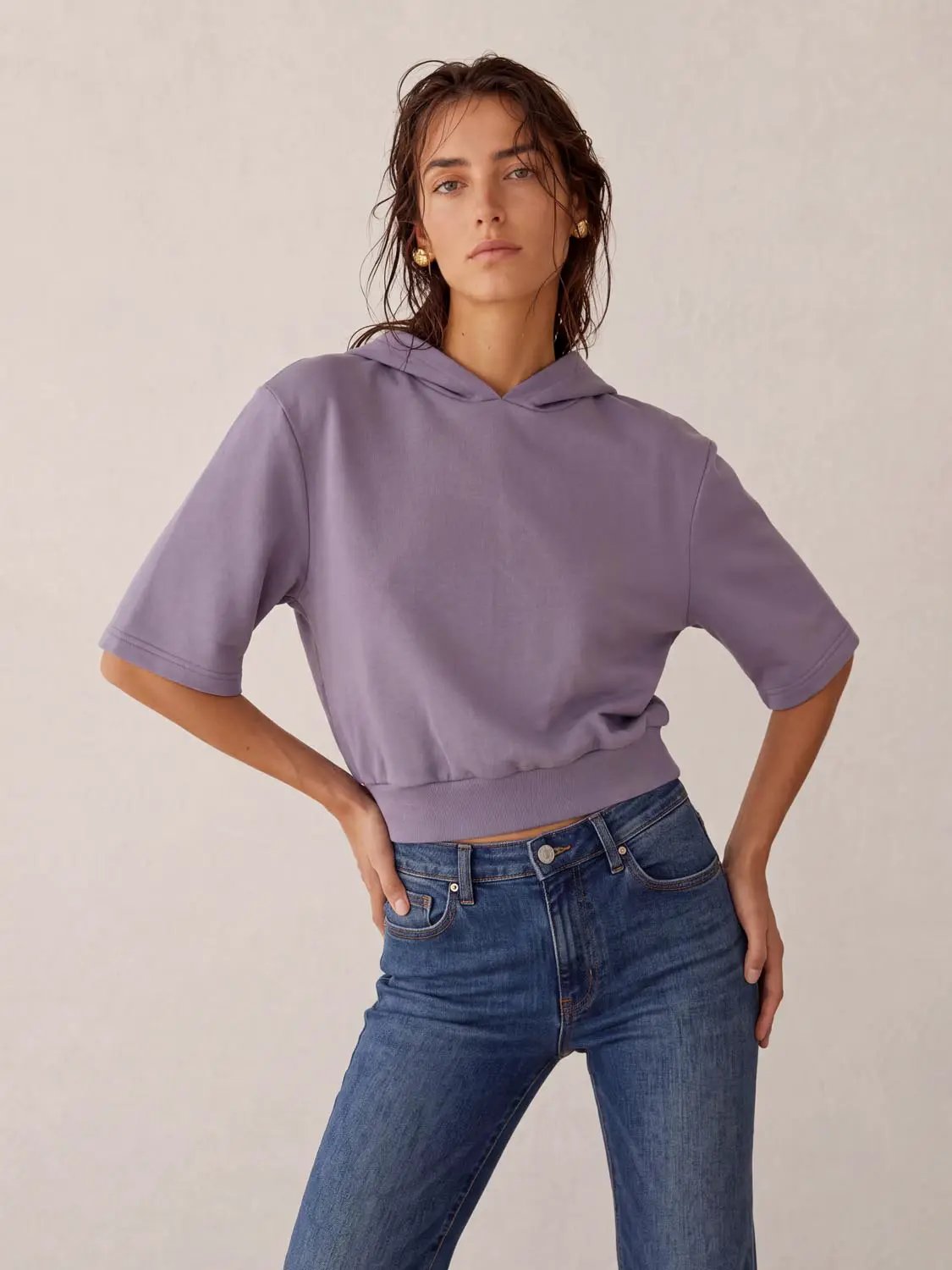 Hooded Half Sleeve Slight Stretch Cotton T-Shirt
