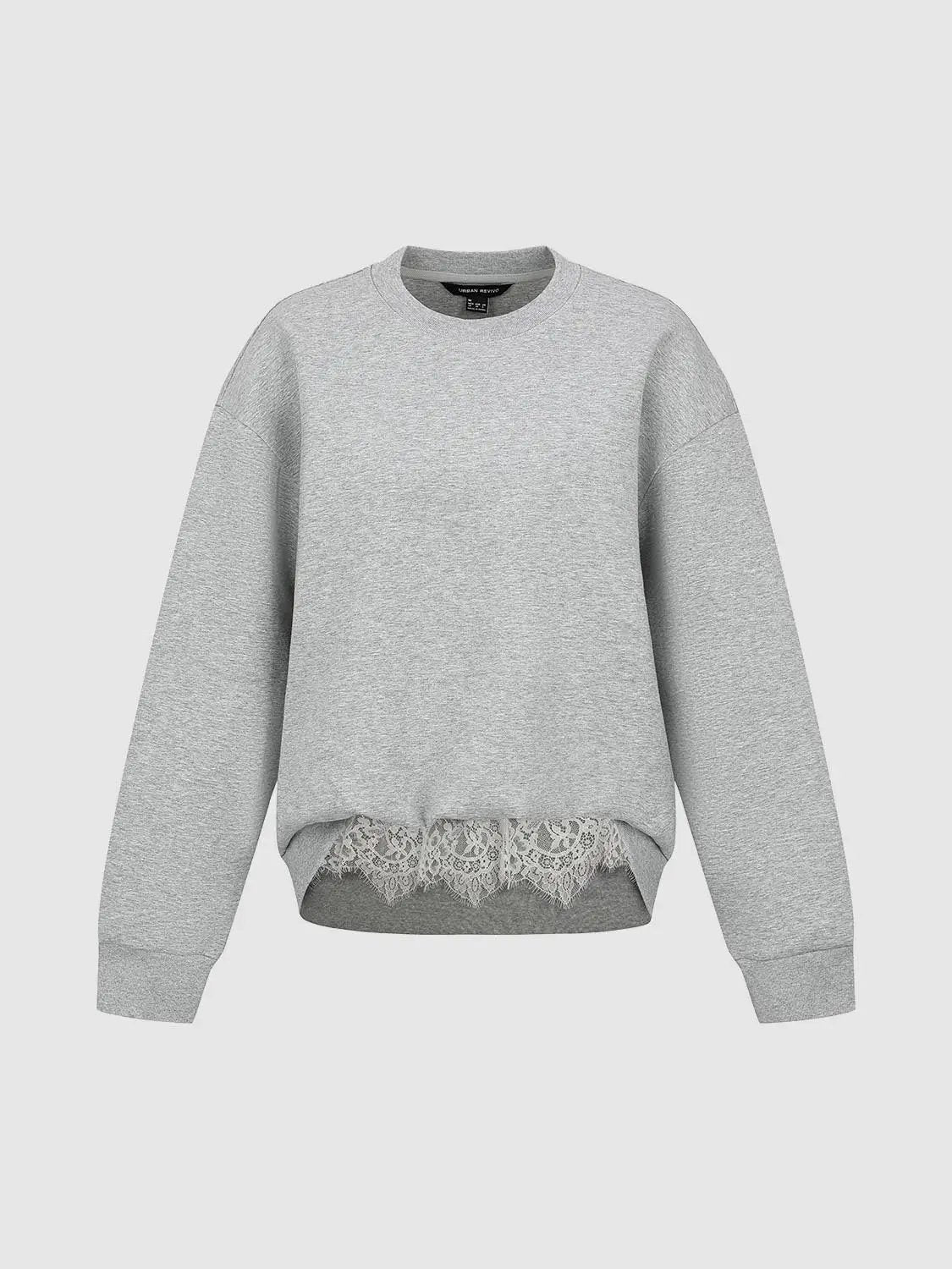 Round Neck Hem Lace Patchwork Loose Fit Cotton Sweatshirt