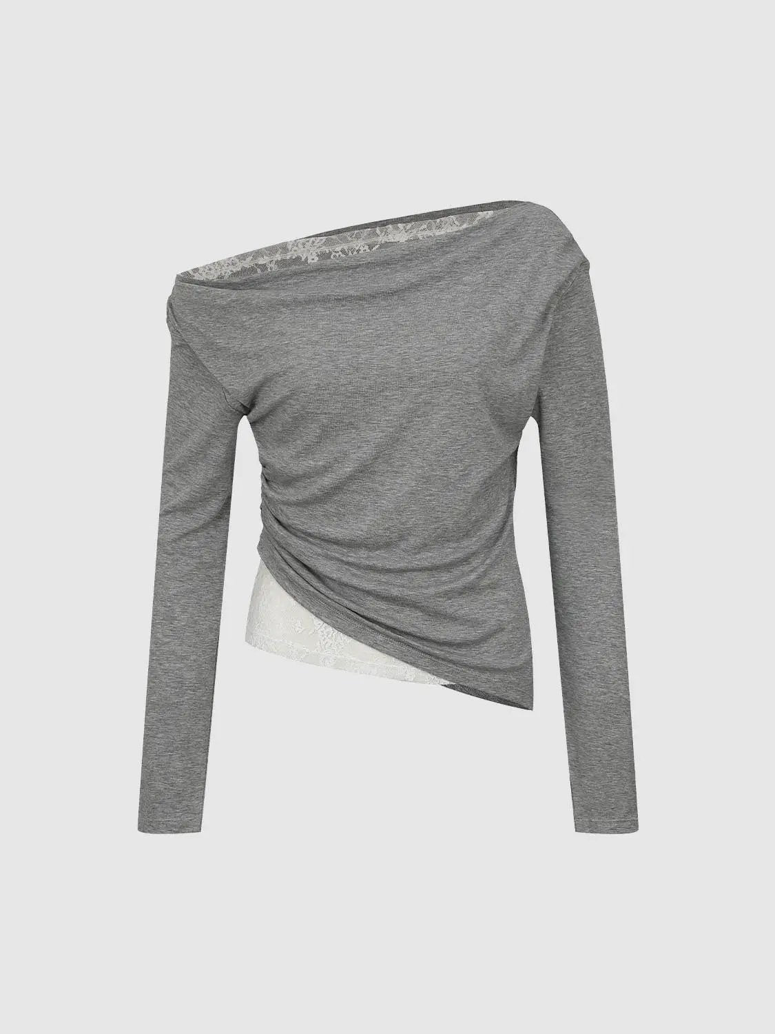 Lace Detail Ruched Lyocell Wool Blend Long Sleeve Top