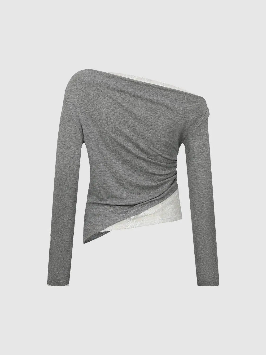 Lace Detail Ruched Lyocell Wool Blend Long Sleeve Top