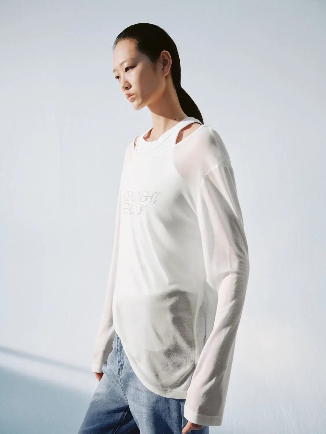 Layered Shoulder Long Sleeve Printed Cotton T-Shirt