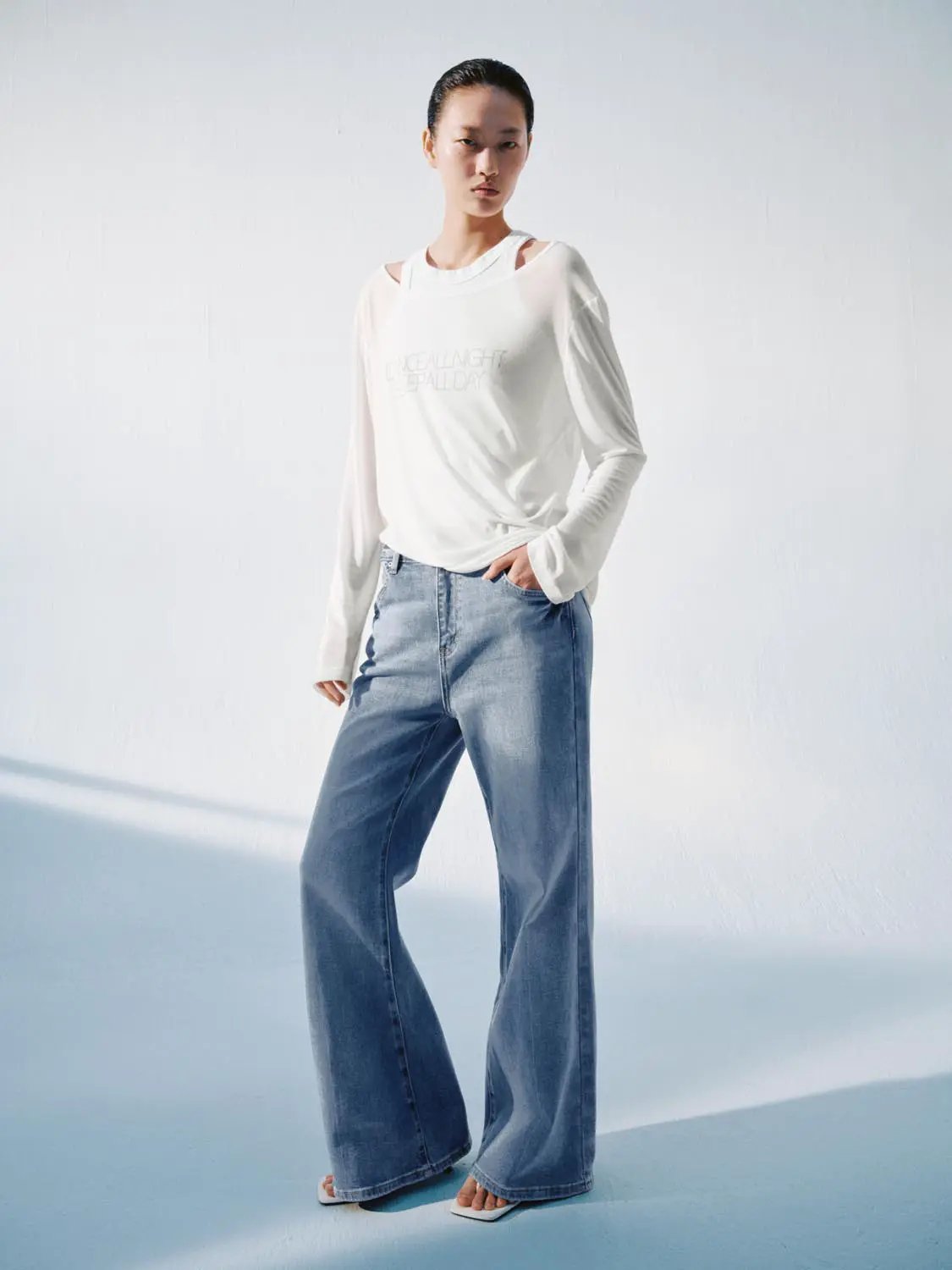 Layered Shoulder Long Sleeve Printed Cotton T-Shirt