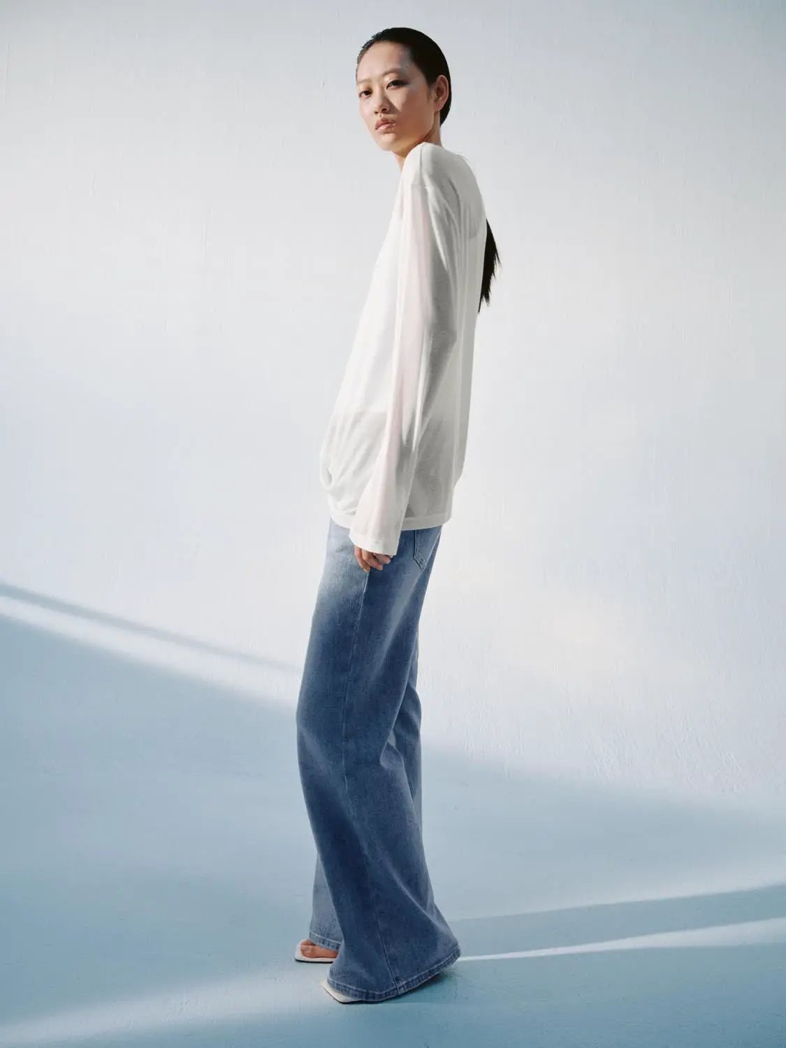 Layered Shoulder Long Sleeve Printed Cotton T-Shirt