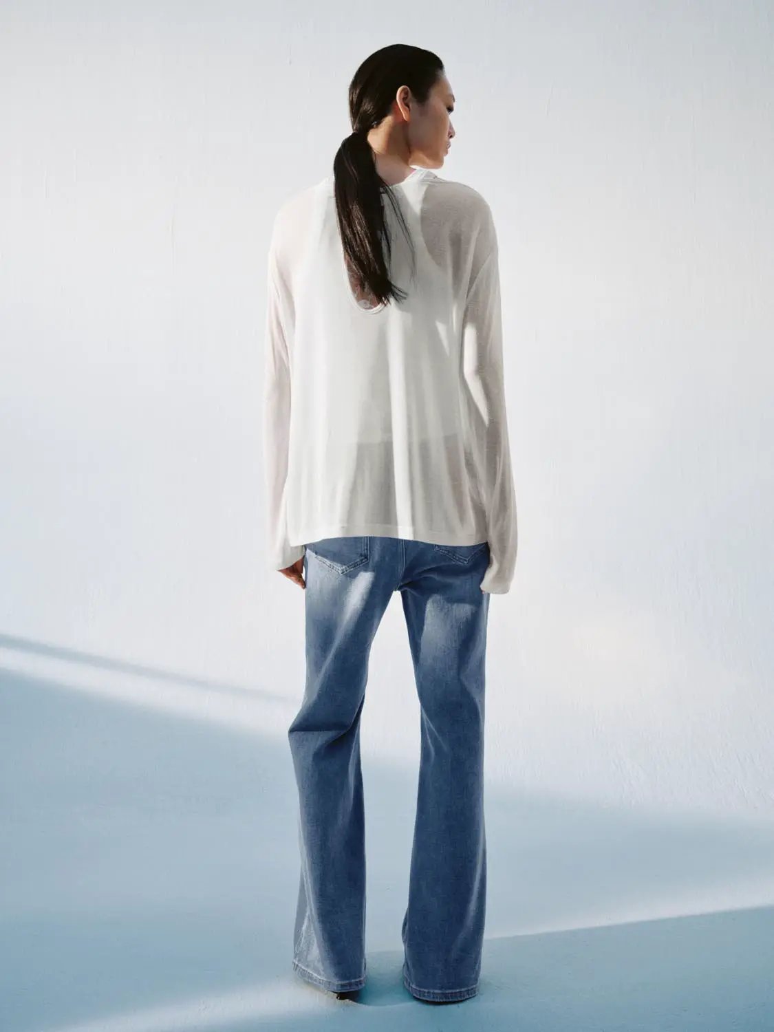 Layered Shoulder Long Sleeve Printed Cotton T-Shirt