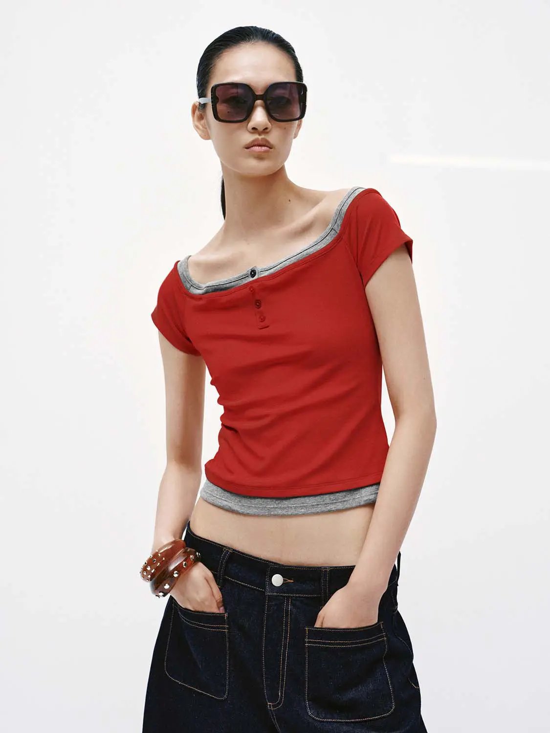 2-In-1 Contrast Boat Neck Fit Cotton T-Shirt