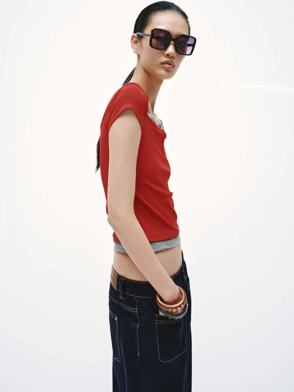 2-In-1 Contrast Boat Neck Fit Cotton T-Shirt