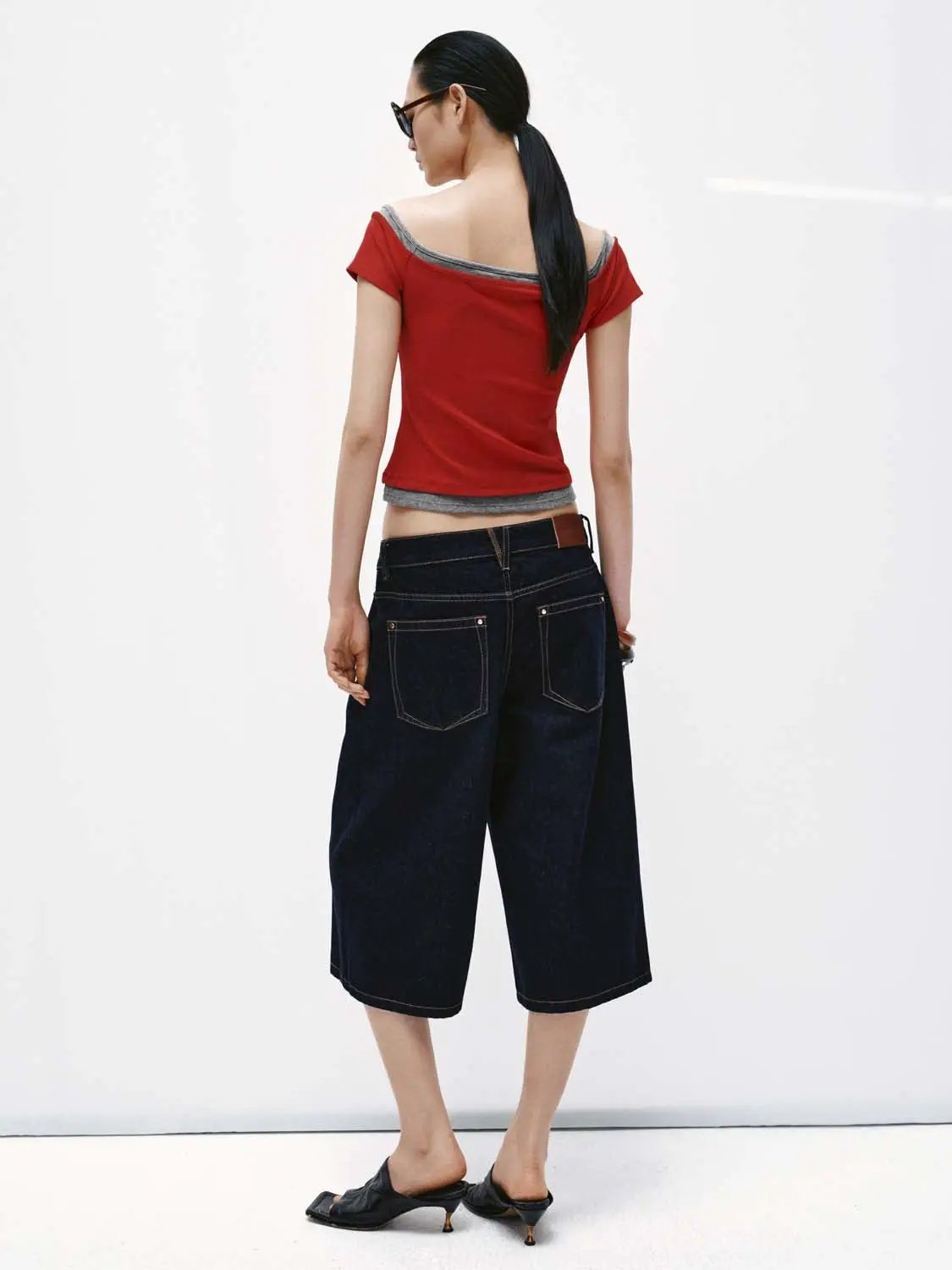 2-In-1 Contrast Boat Neck Fit Cotton T-Shirt