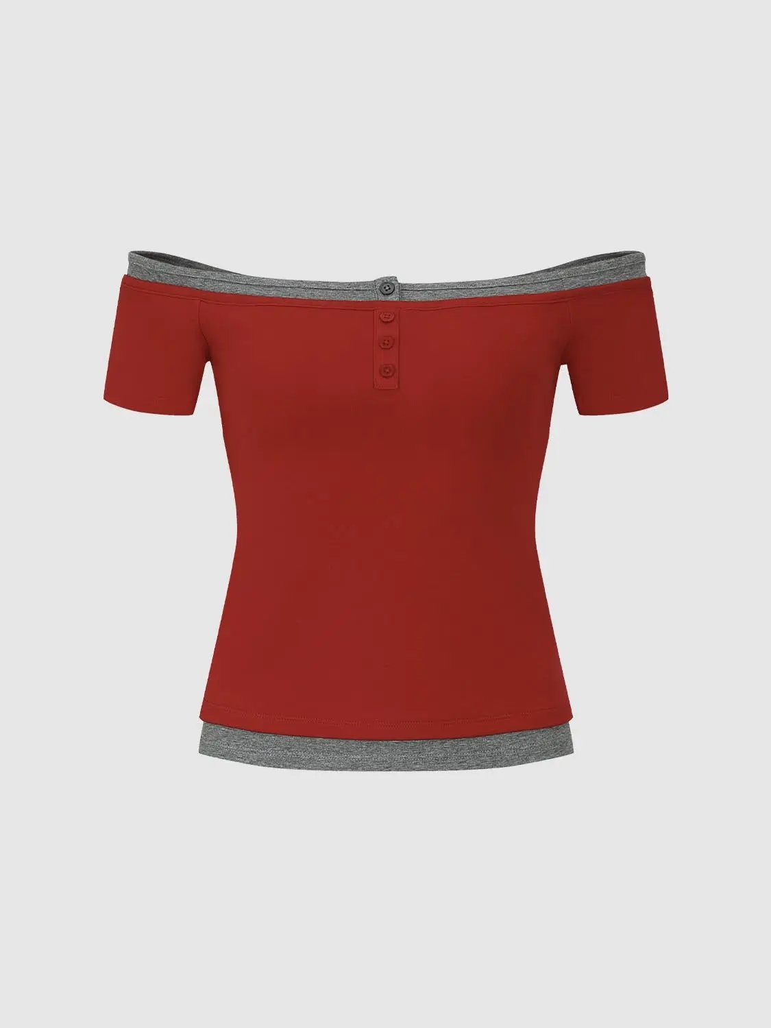 2-In-1 Contrast Boat Neck Fit Cotton T-Shirt