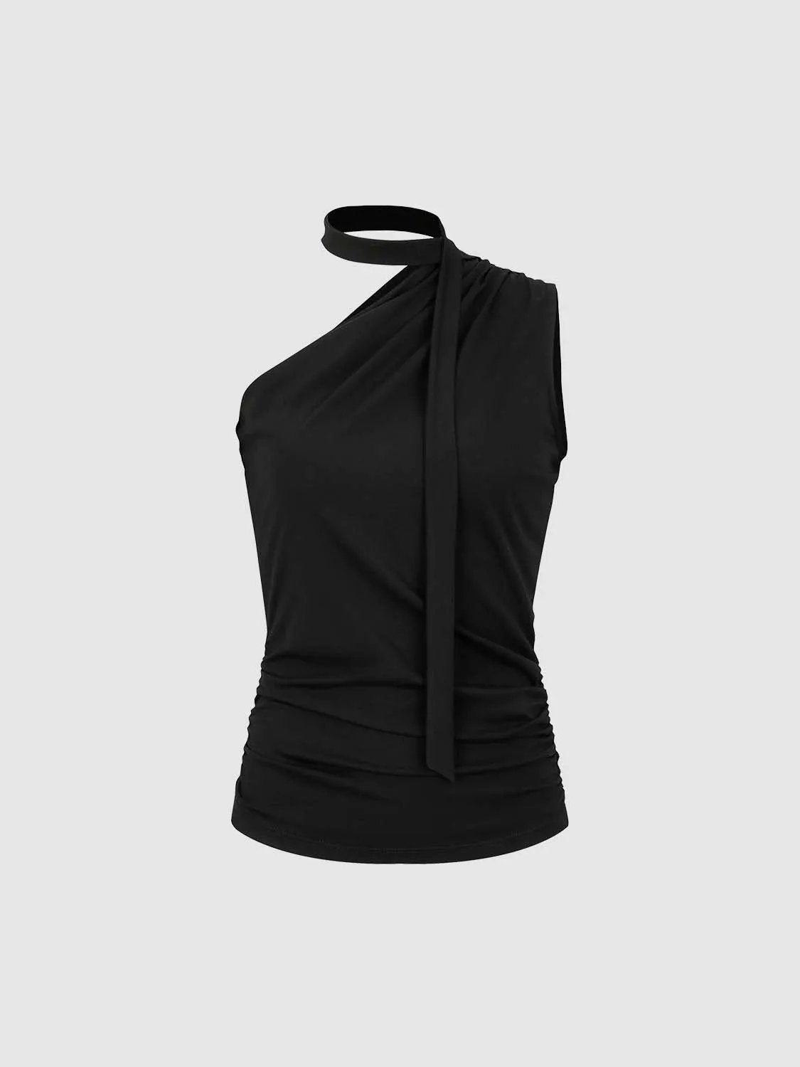 Halter One Shoulder Ruched Lace Hem Slim Mini Dress