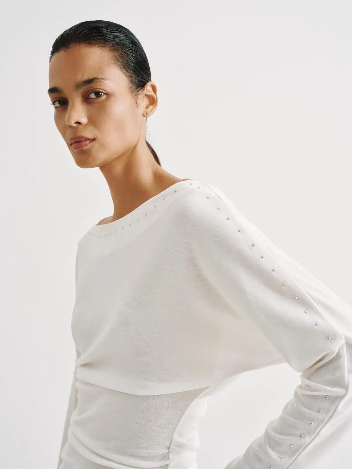 Beaded Boat-neck Long Sleeve Lyocell T-shirt