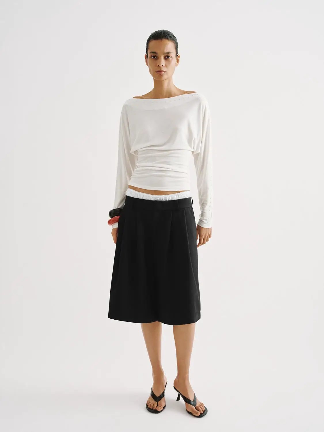 Beaded Boat-neck Long Sleeve Lyocell T-shirt