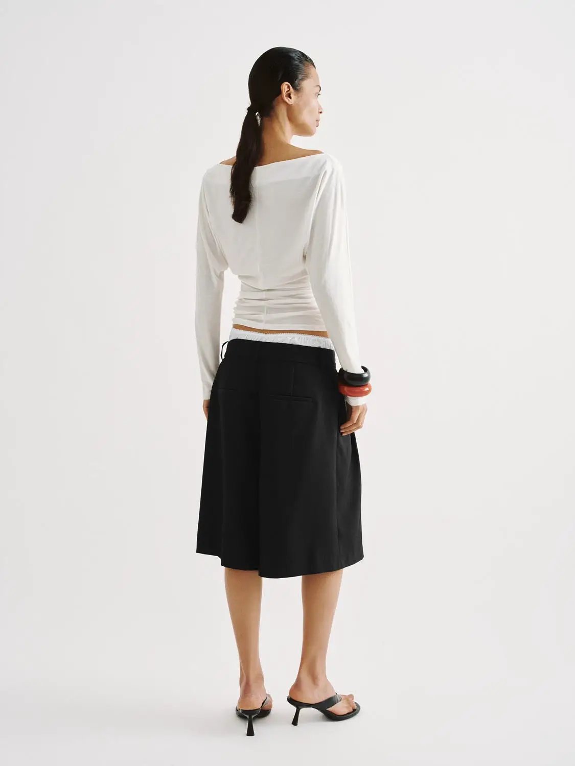 Beaded Boat-neck Long Sleeve Lyocell T-shirt