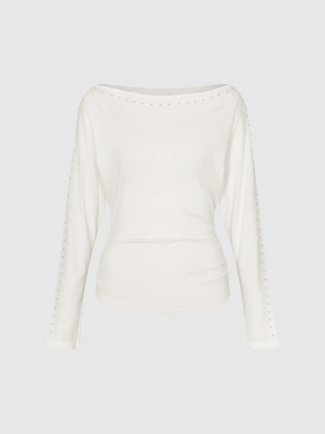 Beaded Boat-neck Long Sleeve Lyocell T-shirt