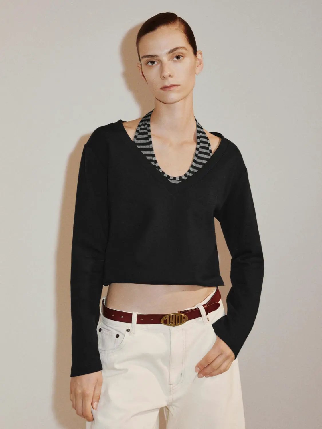 Cropped Long Sleeve Striped V-Neck Cotton Blend T-Shirt