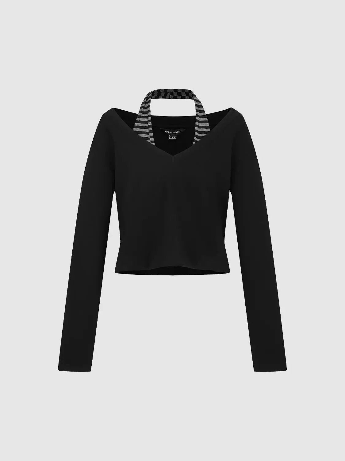 Cropped Long Sleeve Striped V-Neck Cotton Blend T-Shirt