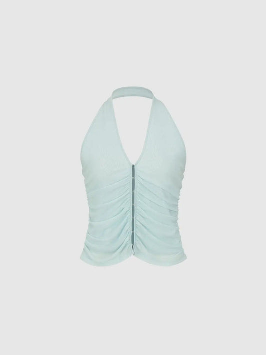 Ruched Front Zipper Sleeveless Halter Tank Top
