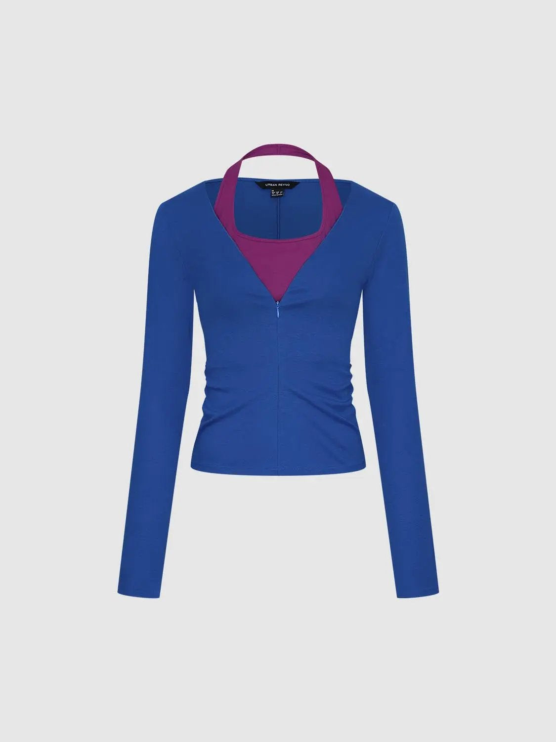 Ruched Contrast V-neck Front Zip Long Sleeve T-Shirt