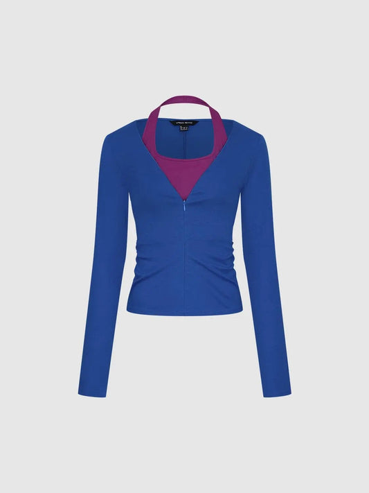 Ruched Contrast V-neck Front Zip Long Sleeve T-Shirt