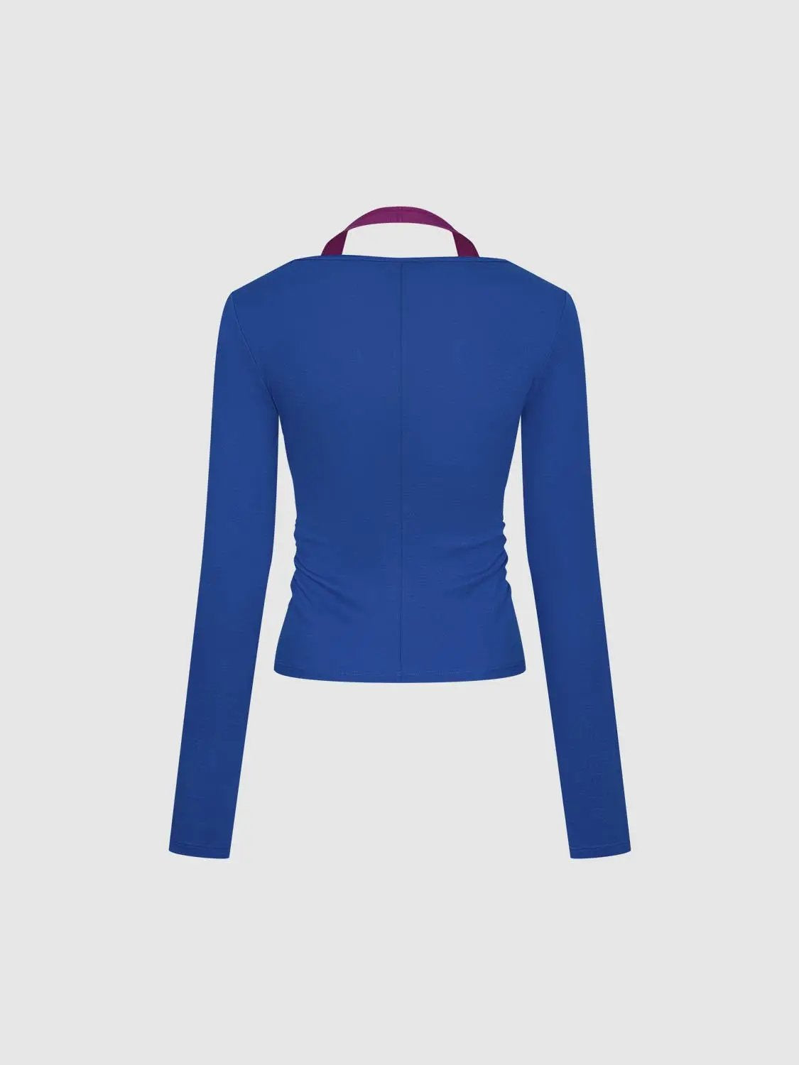 Ruched Contrast V-neck Front Zip Long Sleeve T-Shirt