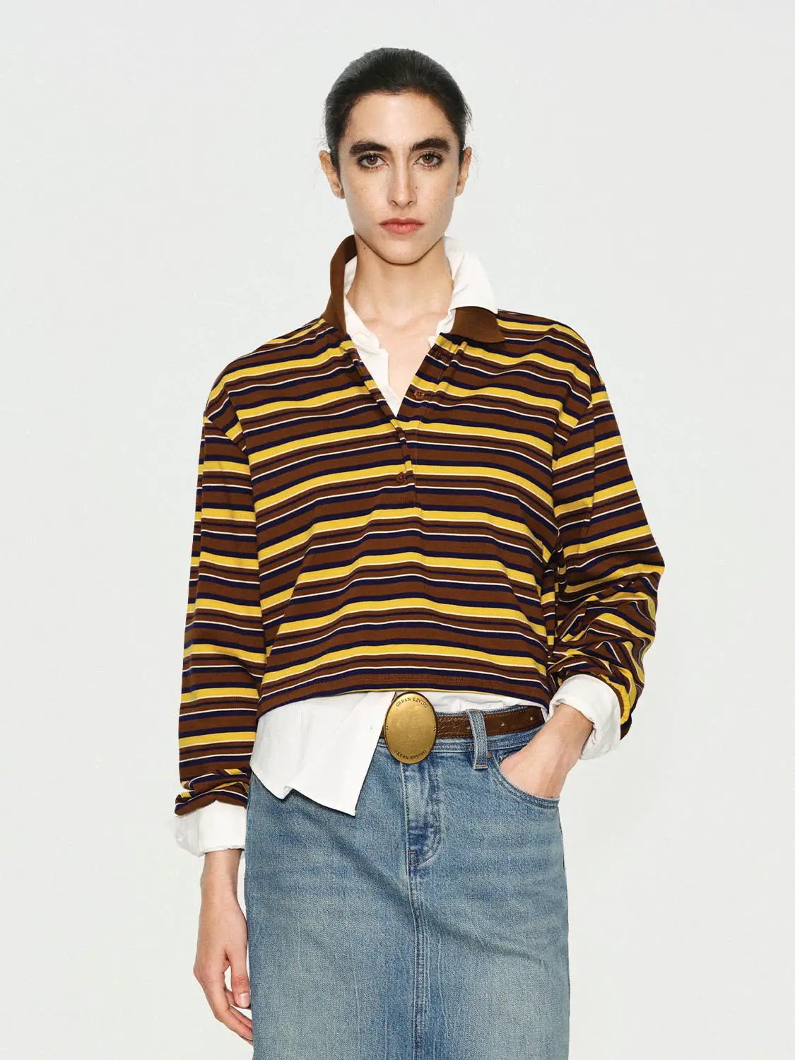 Striped Cotton Long Sleeve Polo Collar T-Shirt