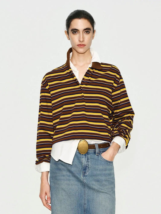Striped Cotton Long Sleeve Polo Collar T-Shirt