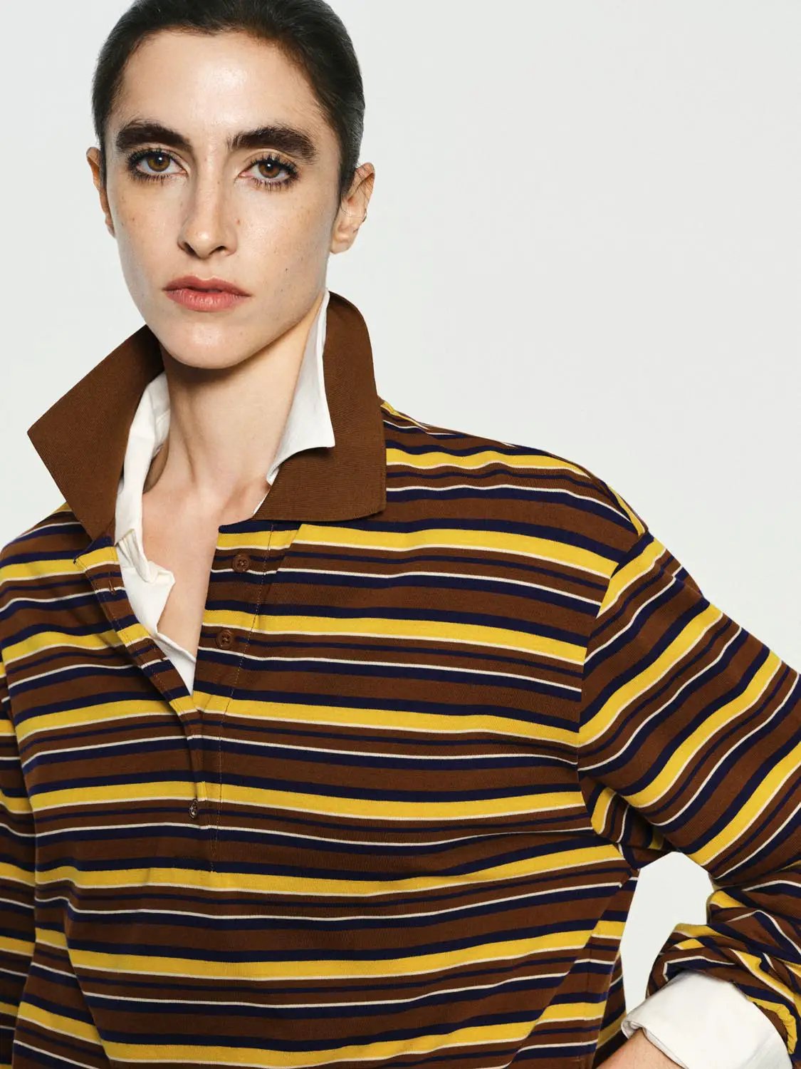 Striped Cotton Long Sleeve Polo Collar T-Shirt
