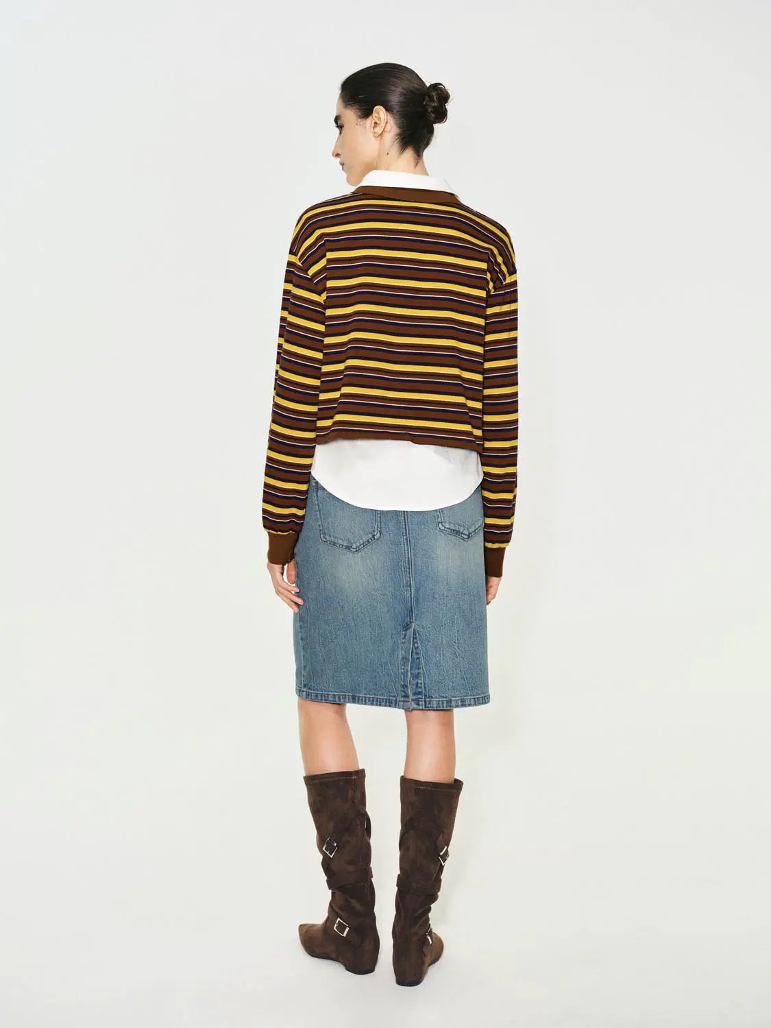 Striped Cotton Long Sleeve Polo Collar T-Shirt