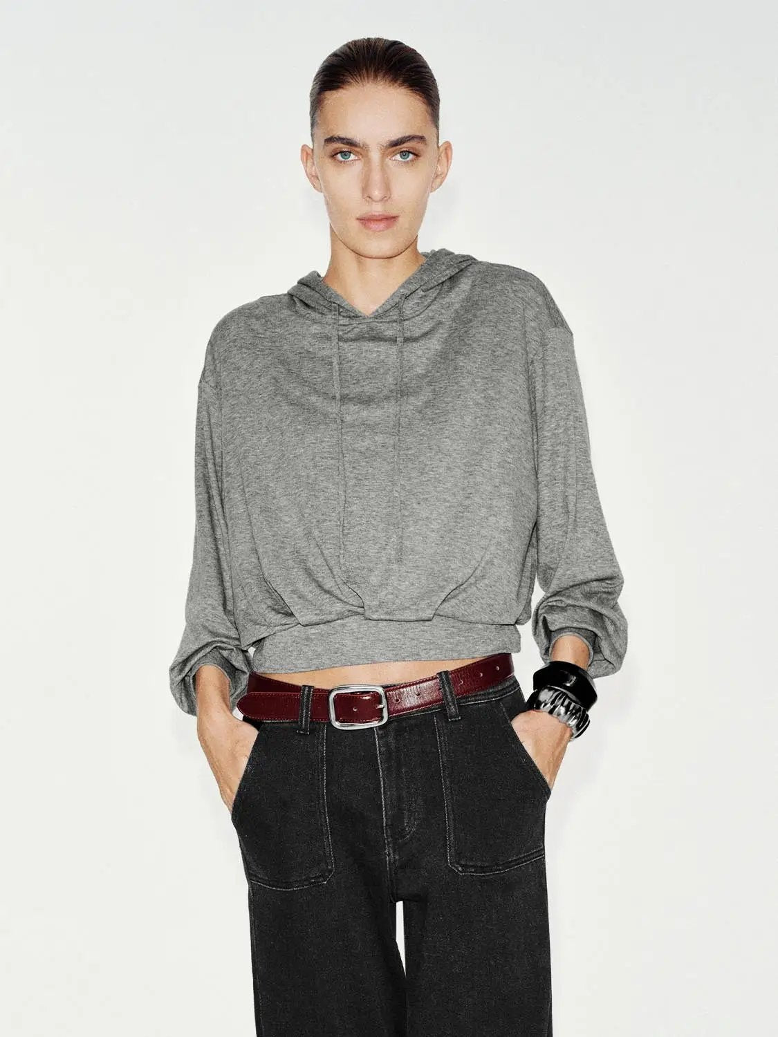 Textured Drawstring Elastic Hem Long Sleeve Hoodie