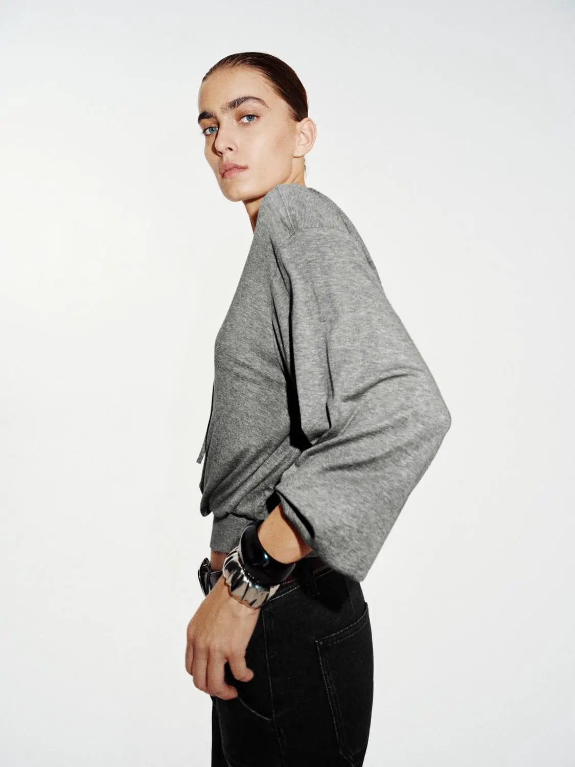 Textured Drawstring Elastic Hem Long Sleeve Hoodie