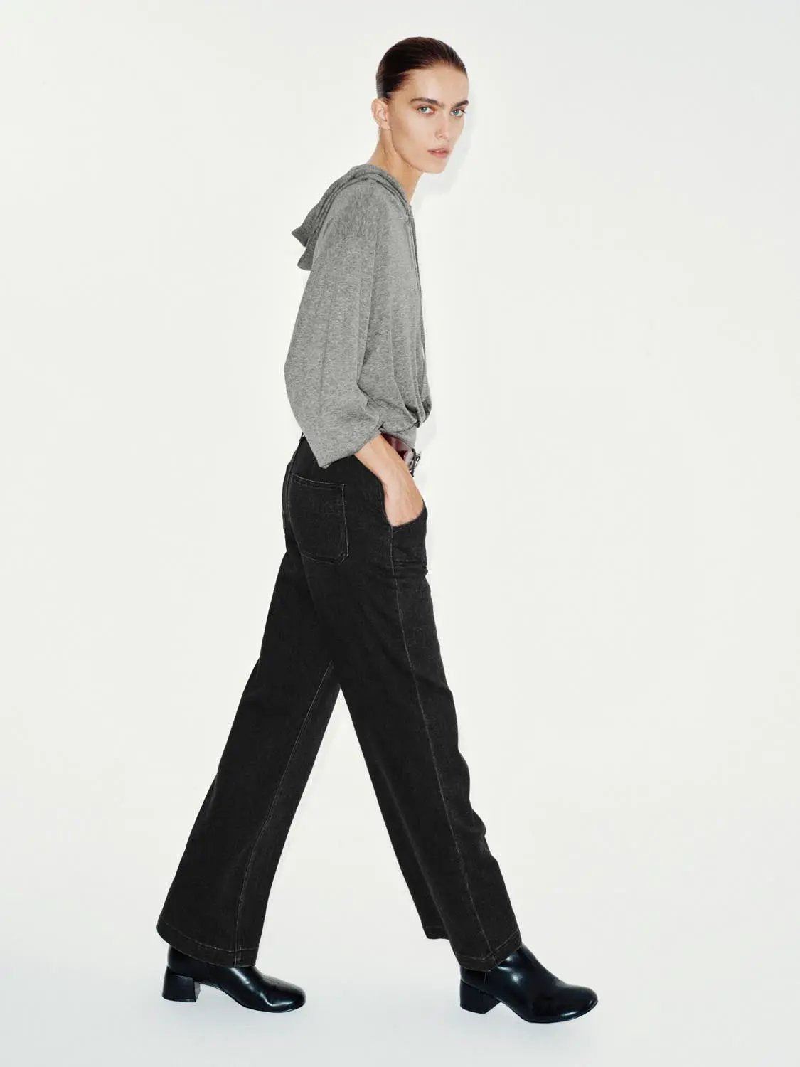 Textured Drawstring Elastic Hem Long Sleeve Hoodie