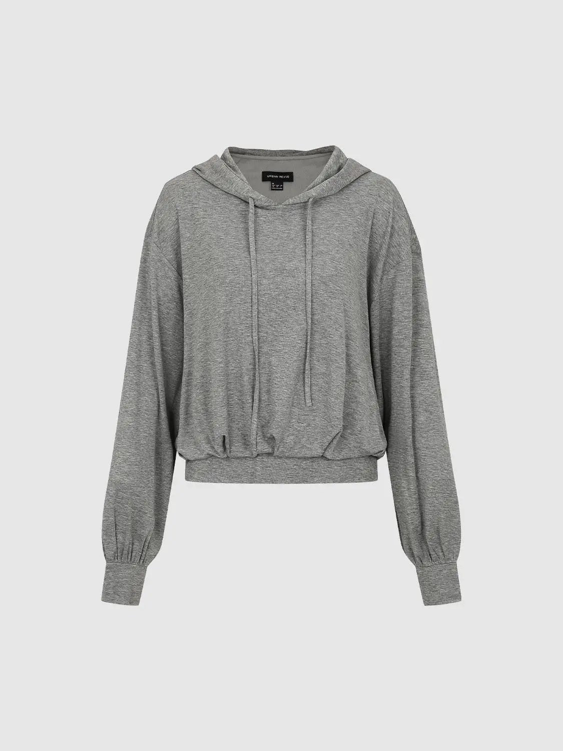Textured Drawstring Elastic Hem Long Sleeve Hoodie