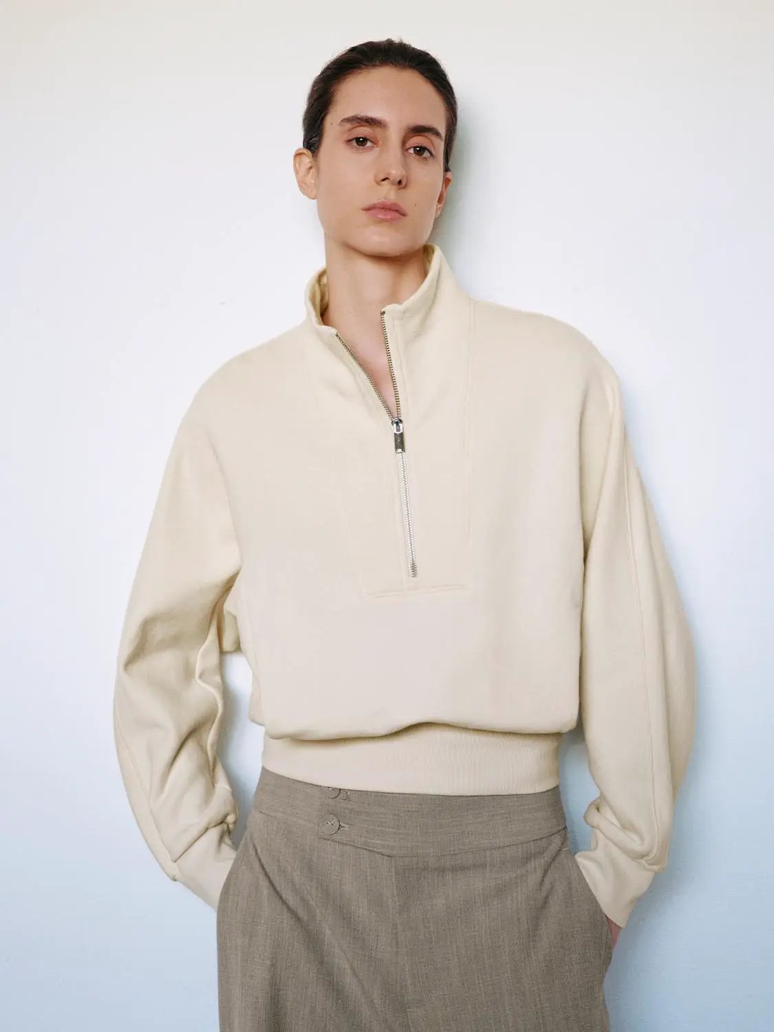 Half-Zip Ribbed Hem Cotton Long Sleeve Sweatshirt