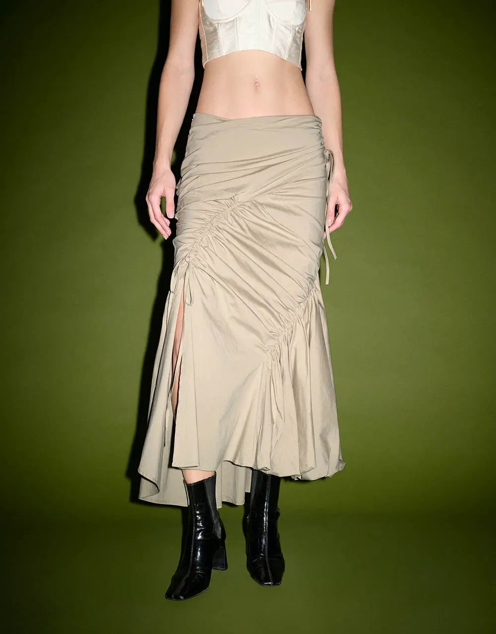 Ruched Split Hem Fishtail Cotton Midi Skirt