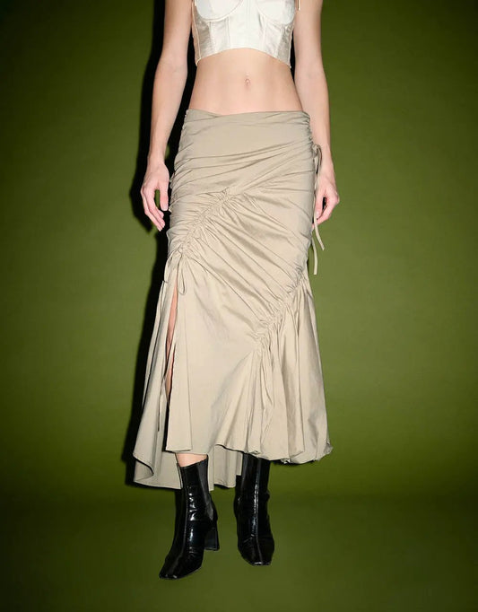 Ruched Split Hem Fishtail Cotton Midi Skirt