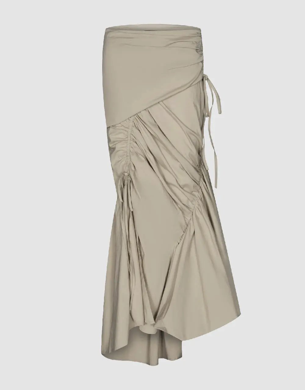 Ruched Split Hem Fishtail Cotton Midi Skirt