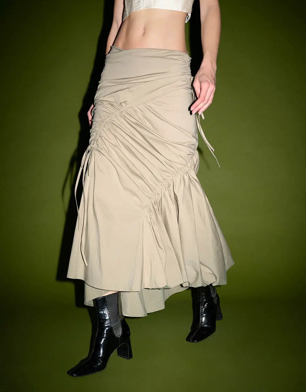 Ruched Split Hem Fishtail Cotton Midi Skirt