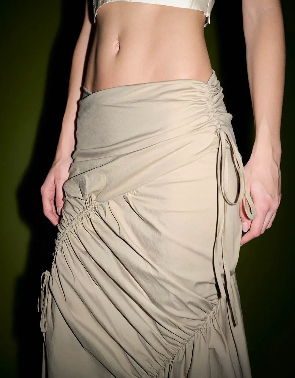 Ruched Split Hem Fishtail Cotton Midi Skirt