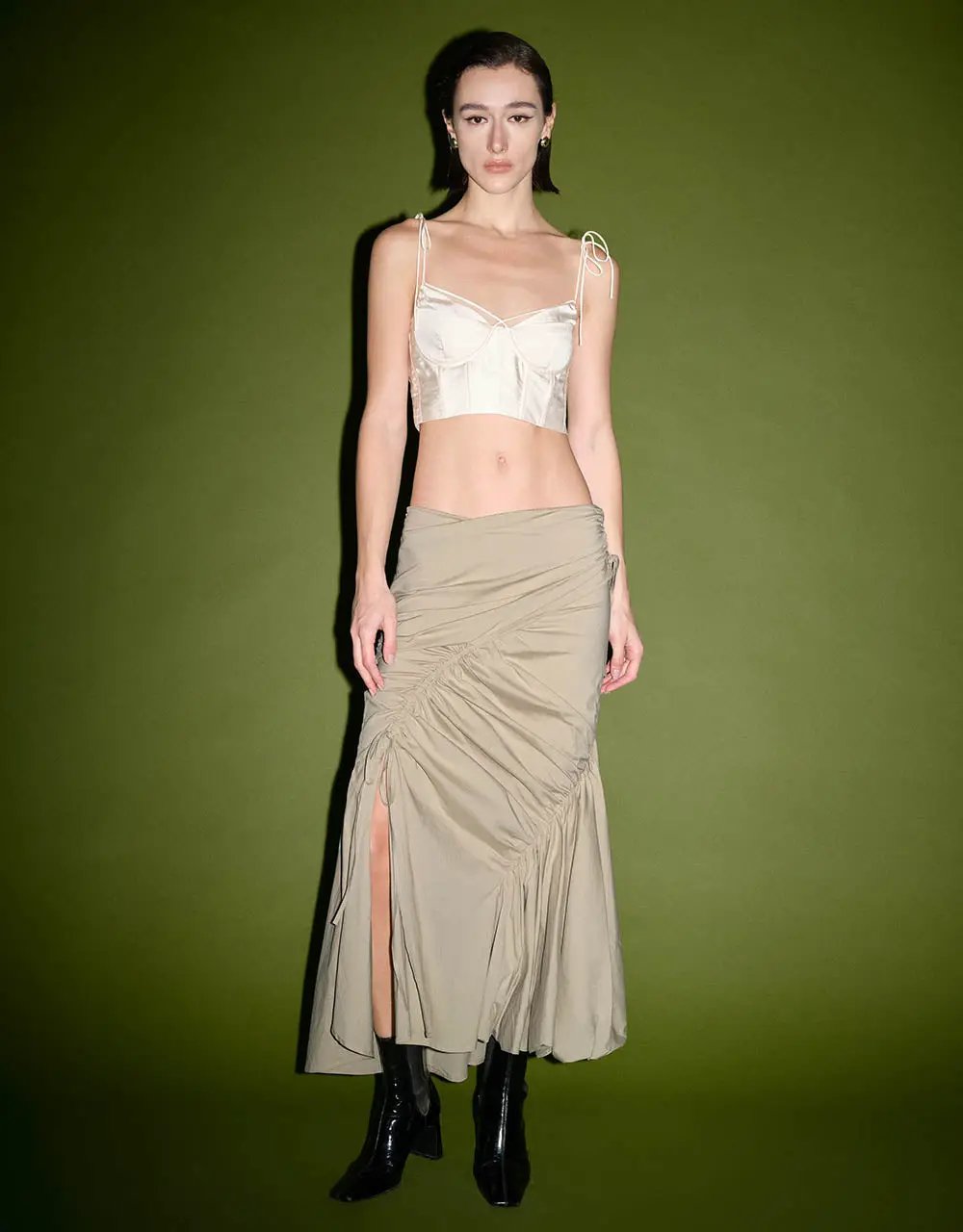 Ruched Split Hem Fishtail Cotton Midi Skirt