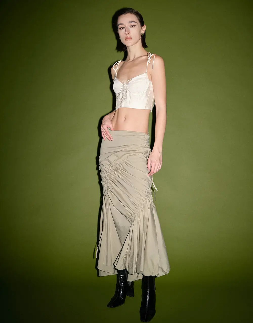 Ruched Split Hem Fishtail Cotton Midi Skirt
