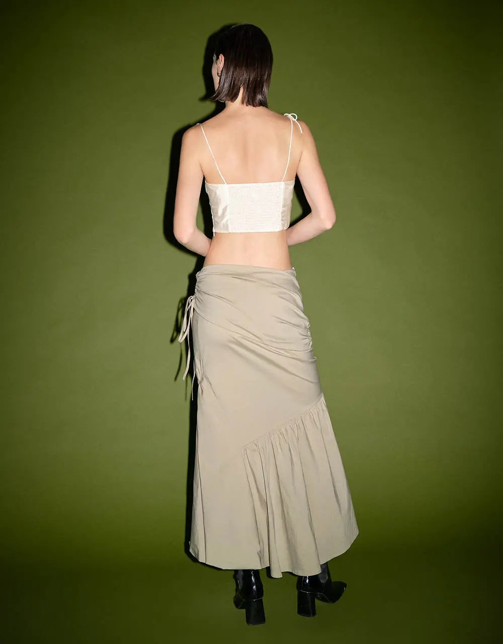 Ruched Split Hem Fishtail Cotton Midi Skirt