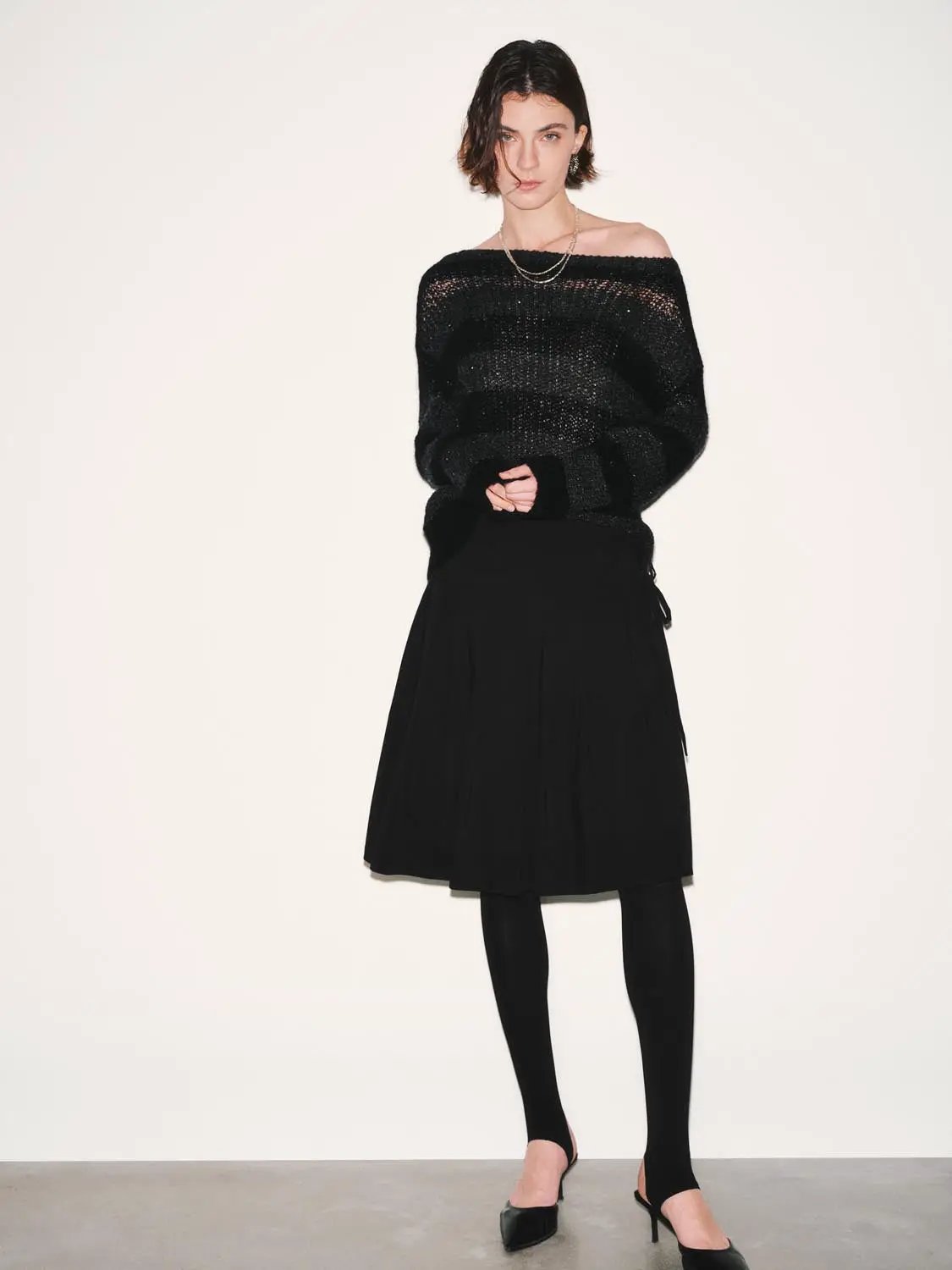 High-Waist Pleated A-Line Cotton Midi Skirt