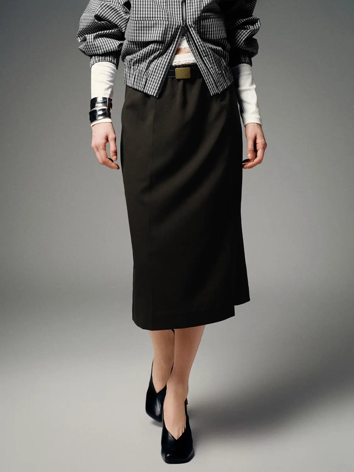 Buckle Belt High Waist Tailored Straight Midi Skirt