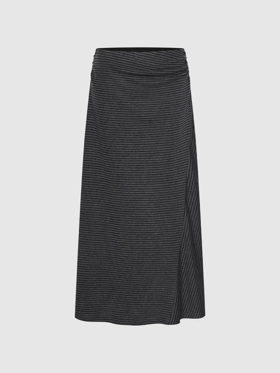 Striped Ruched Waist Asymmetric Hem Soft Maxi Skirt
