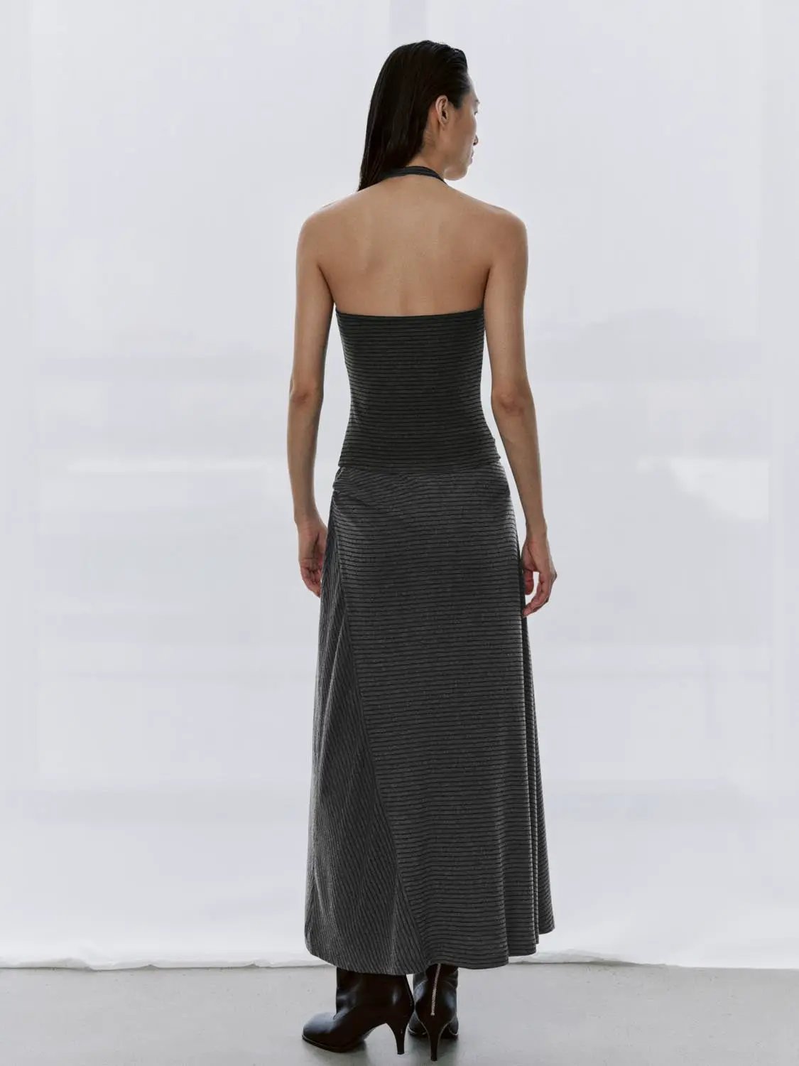 Striped Ruched Waist Asymmetric Hem Soft Maxi Skirt