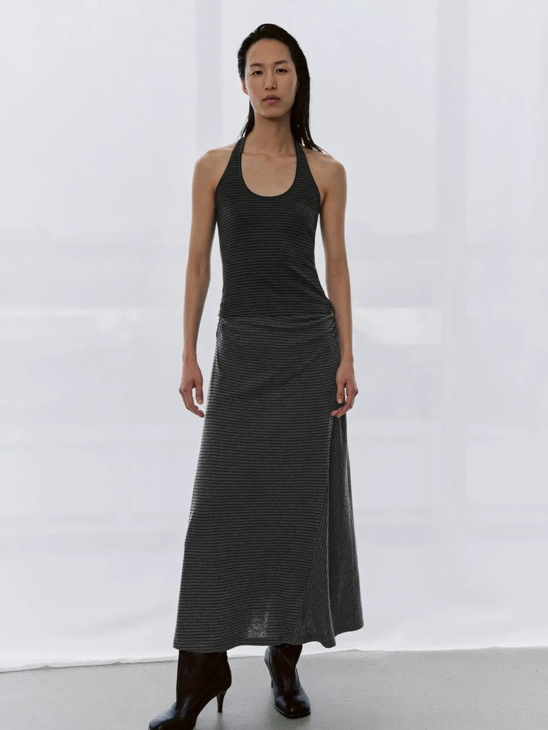 Striped Ruched Waist Asymmetric Hem Soft Maxi Skirt