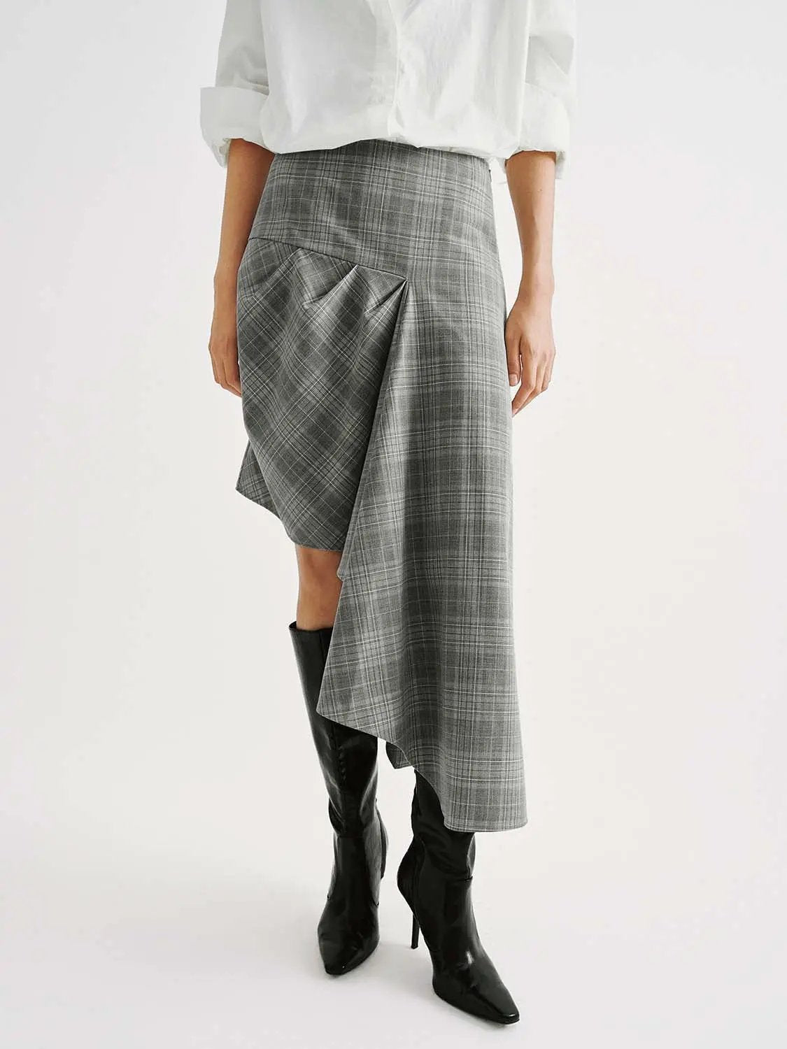 Plaid High Waist Ruched Draped Asymmetric Midi Skirt