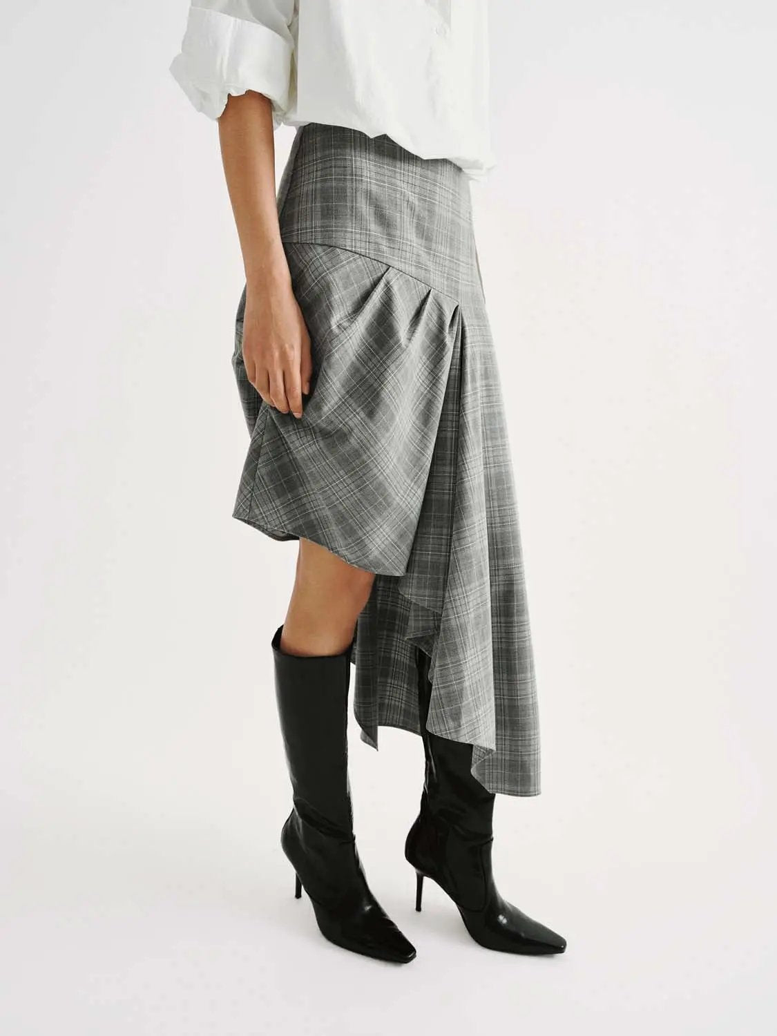 Plaid High Waist Ruched Draped Asymmetric Midi Skirt