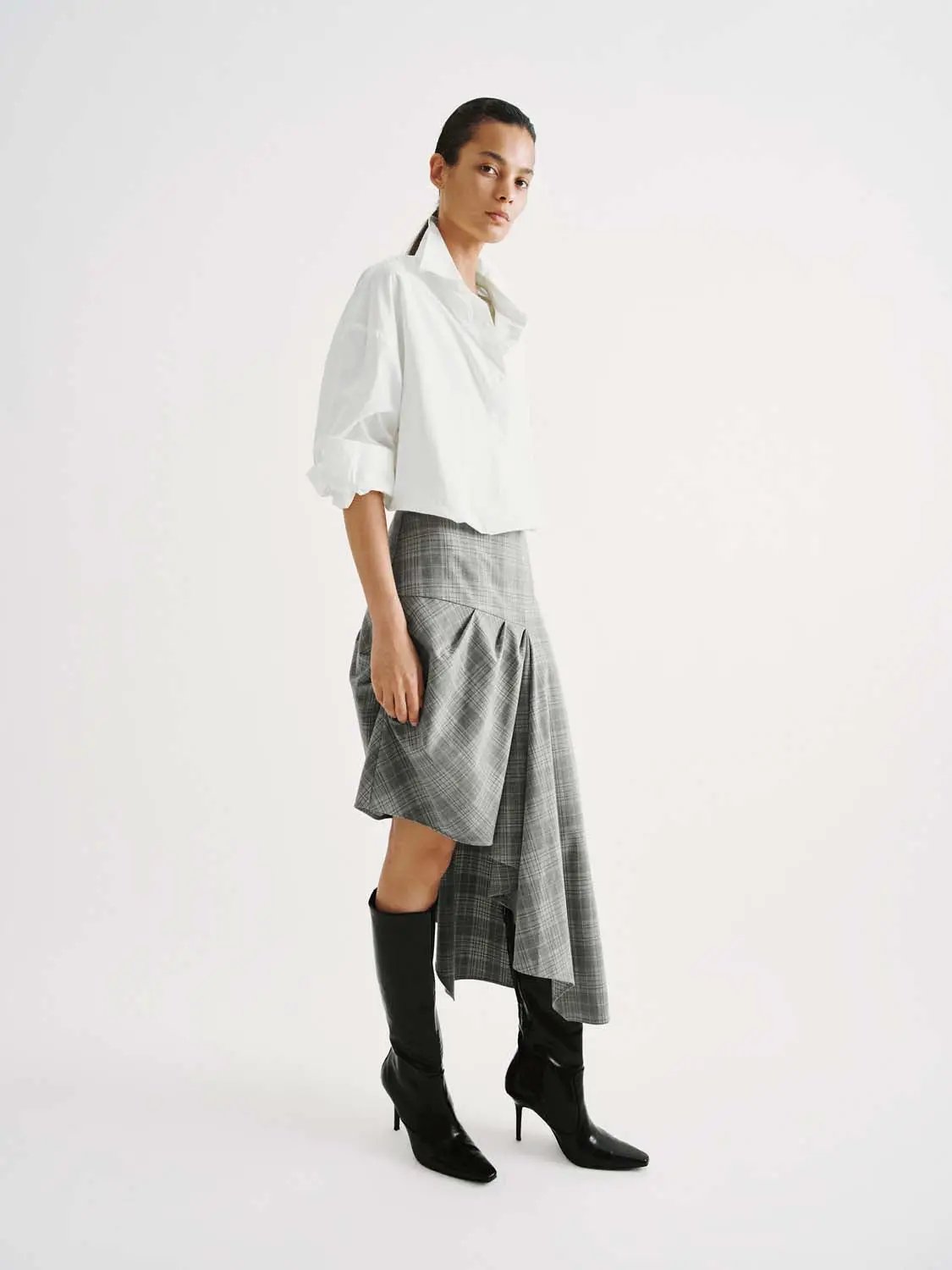 Plaid High Waist Ruched Draped Asymmetric Midi Skirt