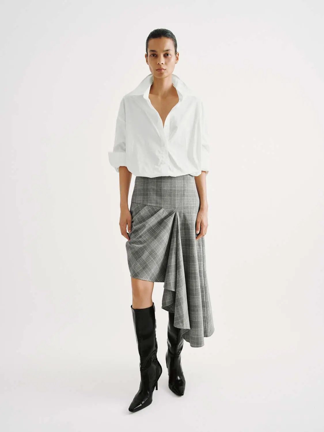 Plaid High Waist Ruched Draped Asymmetric Midi Skirt